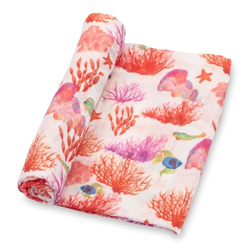 Image of LollyBanks Baby Muslin Swaddle Blanket, 100% Cotton, Soft for Girls, 47 x 47 Inches, Coral Print