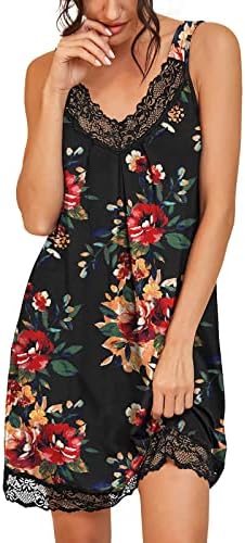PrinStory Women's Loose Full Slips Lace Nightgown Chemise Sleepwear Cotton Jersey Lingerie US X-Large Print Flower Brown Black