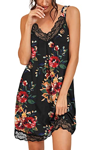 Prinstory Women's Loose Full Slips Lace Nightgown Chemise Sleepwear Cotton Jersey Lingerie Us X-Large Print Flower Brown Black #TOP1