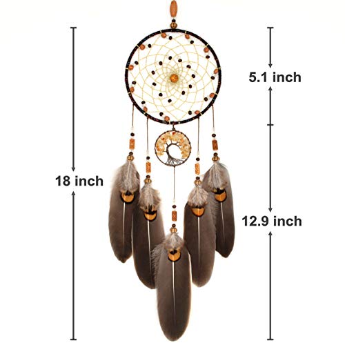 Urdeoms Brown Dream Catchers Tree of Life Boho Dreamcatcher for Bedroom Adult with Feathers and Citrine Crystal Wall Hanging Decor for Home Festival Blessing Gifts 18" Length (NO.11) - Image 3