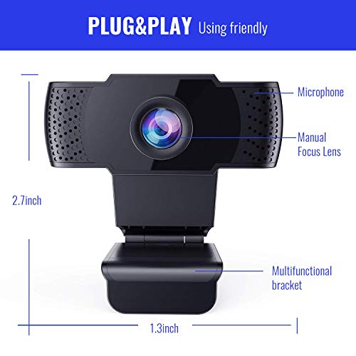Webcam with Microphone - Full 1080P HD PC Webcam Portable Compatible with Most of Device & App, Plug and Play Webcam for Online Conferencing Gaming Live Streaming Laptop Desktop USB 2.0 Web Camera