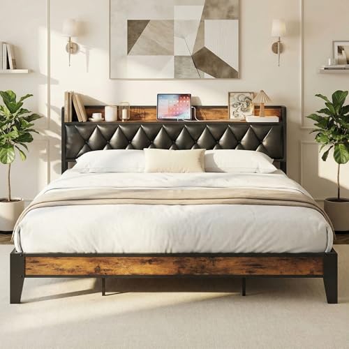 ANCTOR King Bed Frame, Storage Headboard with Outlets, Easy to Install, Sturdy and Stable, No Noise, No Box Springs Needed, Rustic Brown and Black