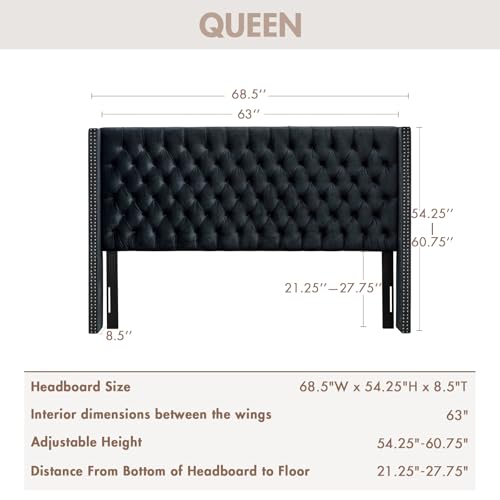 Image of Madison Park Queen Wingback Upholstered Tufted Headboard, Featuring High-Density Sponge Padding, Adjustable Height Headboard, Easy Assembly, Black Velvet