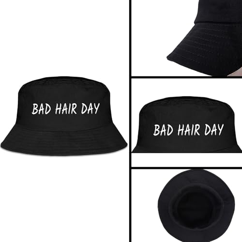 Fischerhut Lustig Schwarz “Bad Hair Day” Bucket Hat Anglerhut Sommerhut für Damen Herren Hut mit Spruch für Teenager Junge Mädchen