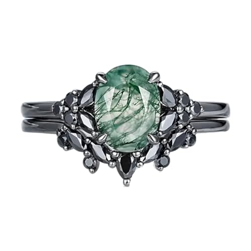Black Gold Plated Natural Moss Agate Bridal Ring Set S925 Sterling Silver Genuine Green Oval Cut Moss Agate Ring Set Wedding Engagement Band Gift for Women Her