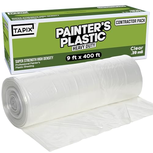 Painters Plastic Film Heavy Duty 0.39 mil 400 Length x 9 Width High High Density Painters Plastic Sheeting Roll in Box with Dispense Hole for Easy Paint Plastic Covering