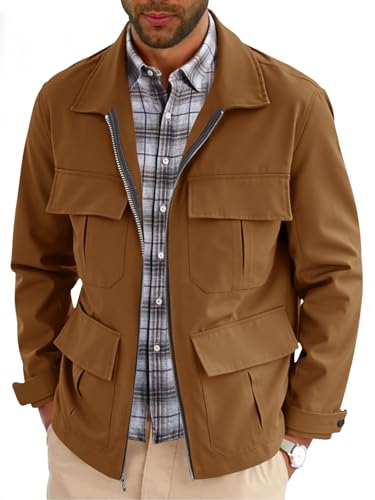 Runcati Mens Safari Jacket Military Full Zip Cargo Jacket Windproof Multi Pocket Outdoor Field Coat