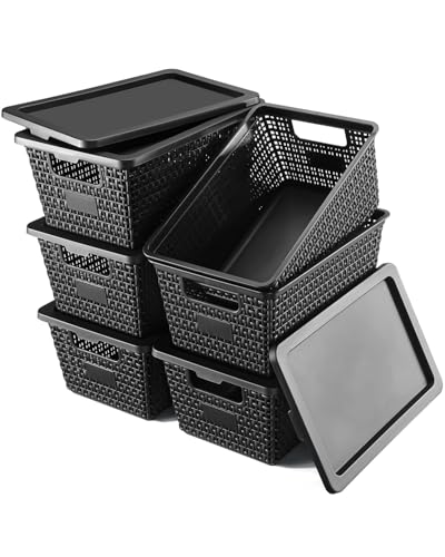 NUMIFUN Storage Bins with Lids, Set of 6, Stackable Woven Design, Black Plastic Containers with Easy Pull Handles, Interlocking Rim, Stackable Storage Boxes with Lids for Pantry, Closet
