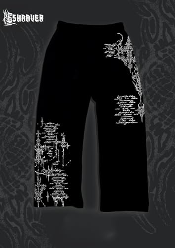 Image of Aesthetic Gothic Wide Leg Pants for Men | Tribal Print Baggy Streetwear | Oversized Track Pants with Elastic Waist | Black and White Relaxed Fit Bottoms