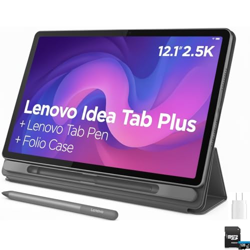Lenovo Idea Tab Plus 12.1' Android Tablet, Luna Grey, 2.5K IPS 90Hz Display, 8GB RAM 128GB Storage, 10200mAh Battery, Dolby Atmos, Includes Tab Pen, Folio Case, 45W Fast Charger & 128GB microSD
