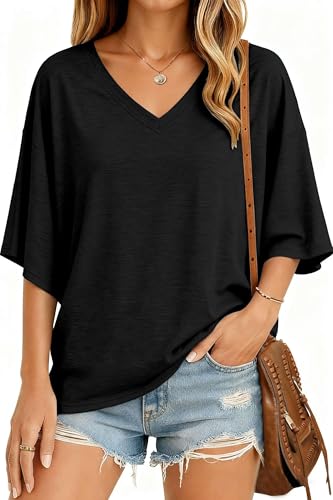 NAIOSS Damen T-Shirt Oversize Kurzarm Oberteil V-Ausschnitt Tunika Sommer Tops(Schwarz/XXL)
