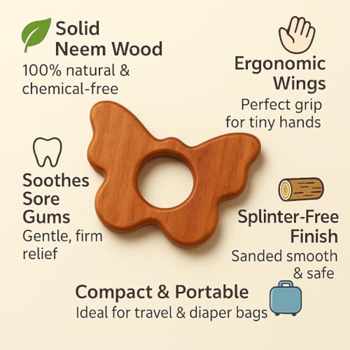 Image of Shark Doo Doo Neem Wood Baby Teether | Organic & Handcrafted | Chemical-Free, Paint-Free, Antibacterial Teething Toy for Infants & Toddlers - Natural Wooden Teether (Butterfly)