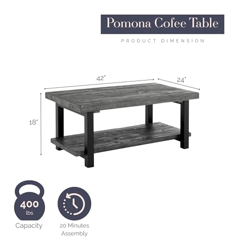 Image of Alaterre Furniture Pomona Solid Wood Coffee Table, Slate Grey, 42 inch | Rectangular Center Table with Storage Shelf and Metal Legs, Rustic Industrial Farmhouse Living Room Furniture