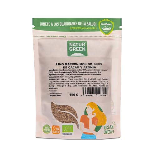 NaturGreen - Semillas de Lino, Nibs de Cacao y Aronia Bio, 150 g, Mix Ecológico Rico en Fibra y Antioxidantes, Ideal para Yogures, Batidos, Desayunos o Postres, Vegano y Sin Lactosa