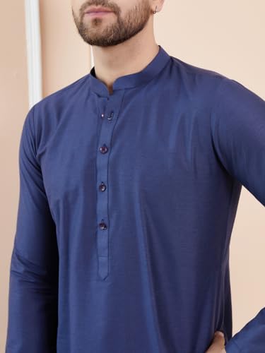 Image of See Designs Men Full Sleeve Sleeve Side Slit Mandarin Collar Cotton Solid Straight Kurta with Pyjama