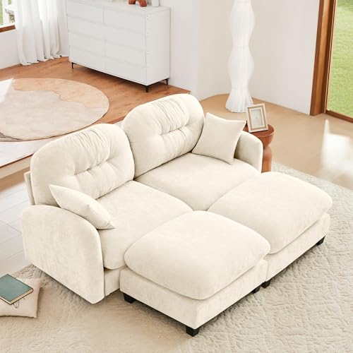 Image of KEIKI 74 inch Oversized Chenille Modular Sectional Loveseat Sofa with 2 Ottoman, High-Density Foam Cushions, Tufted Pleated Cushion Backrest, Modern 2-Seater Couch with 2 Pillow, for Living Room, Beige