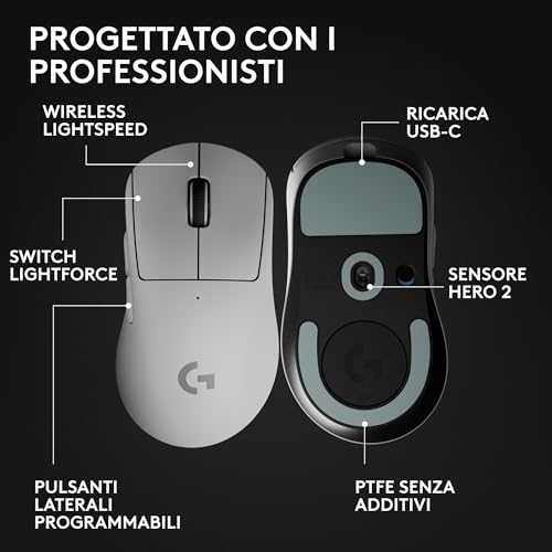 PRO X SUPERLIGHT 2 DEX LIGHTSPEED mouse da gaming wireless, Pro-Grade, leggero, 60 gramos, 5 pulsanti programmabili, sensore a 44.000 DPI, 8K Polling, ricarica USB-C, per PC/Mac - Bianco - Mouse gaming - Immagine 5