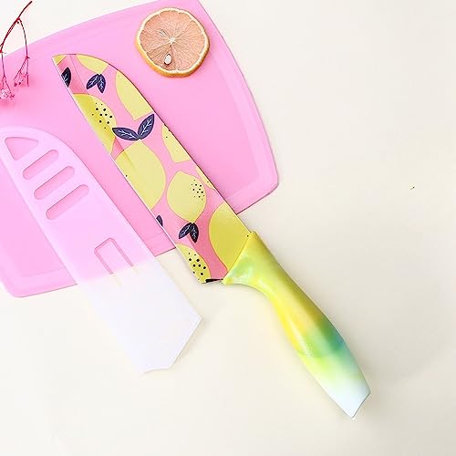 Image of Color Printed High Carbon Stainless Steel Santoku Chef's Knife with Blade Cover, (Lemon Yellow)