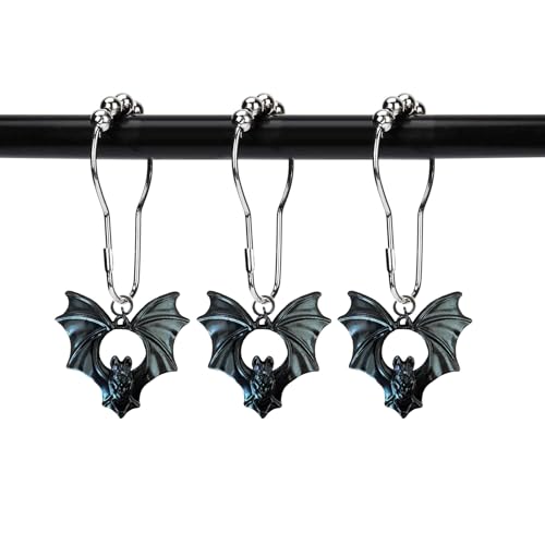 ZILucky Set of 12 Bats Shower Curtain Hooks Rings Halloween Party Supplies Haunted House Decoration Stainless Steel Rustproof (Black-Bat_Style2)