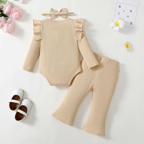 Infant Baby Girls Outfit Cute Ruffle Sleeve Ribbed Knit Romper Bodysuit and Flare Pants Clothes Set 3 Piece2