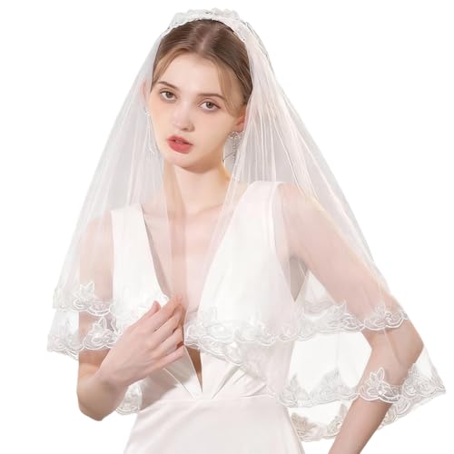 BEAMARKER Voile de Mariée Court en Dentelle Blanche avec Peigne Bandeau Décoratif à 2 Niveau Accessoire de Coiffure Élégant pour Mariage Enterrement de...