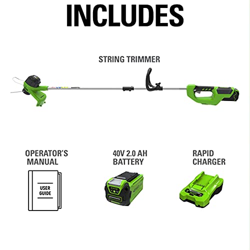 Image of Greenworks 40V 12 Inch Cordless String Trimmer with 2Ah Battery & Charger, Dual Auto Feed Line, Variable Speed, Lightweight Weed Eater, 3 Year Warranty