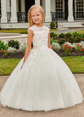 POMUYOO Lace Flower Girls Dresses for Wedding Long Princess Pageant Dresses Kids Prom Puffy Tulle Ball Gown YG2313
