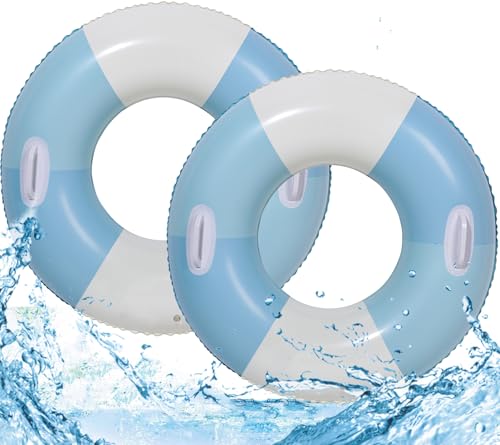 2PCS Pool Tubes Retro Striped Swim Rings Pool Rafts Vintage Gradient Blue Stripe Circle Floaty Swimming Pool Tubes for Adults Teens Summer Beach Party (JB-Blue)