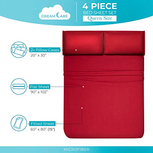 Dreamcare Queen Sheet Set - Cooling Bed Sheets - 4Pcs Set - Queen Sheets - Sheets For Queen Size Bed - Queen Size Sheets Soft & Long Lasting 100% Fine Brushed Polyester With Side Pocket - Burgundy #TOP3