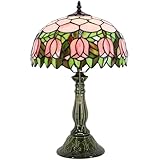 MQYXH Tiffany Lamp Stained Glass Table Lamps Pink Tulip Style Desk Lamp 12X12X18.5 Inch Bronze Ceramic Base Reading Light Suitable for Bedside Bedroom Living Room Dining Room Office