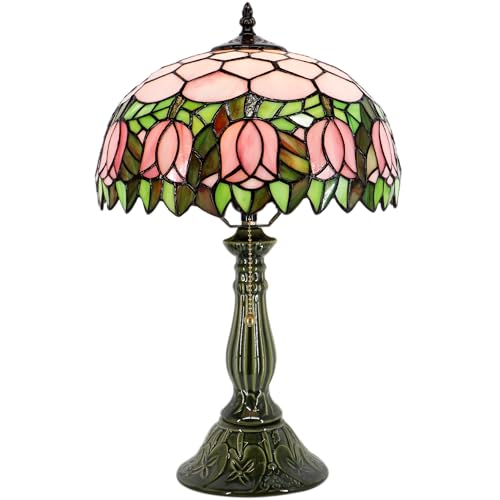 MQYXH Tiffany Lamp Stained Glass Table Lamps Pink Tulip Style Desk Lamp 12X12X18.5 Inch Bronze Ceramic Base Reading Light Suitable for Bedside Bedroom Living Room Dining Room Office