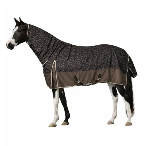 netproshop Leichte wasserdichte Regendecke mit Halsteil 0g atmungsaktiv mit Hufeisen-Print Größe 125-165 cm, Groesse:135, Farbe:Braun