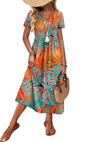 Image of OFEEFAN Summer Dresses for Women Flowy Casual A-Line Midi Dress Beach Vacation Sundresses with Pockets S-2XL