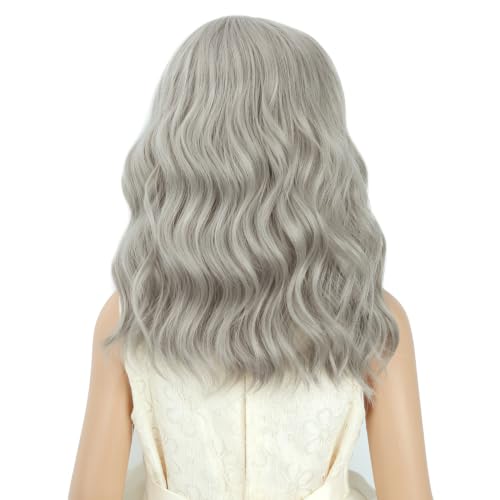 Image of PATTNIUM Kids Girls Gray Wig Old Lady Gray Grandma Wig for Kids Short Curly Wavy Grey Child Wigs Heat Resistant Synthetic Wigs