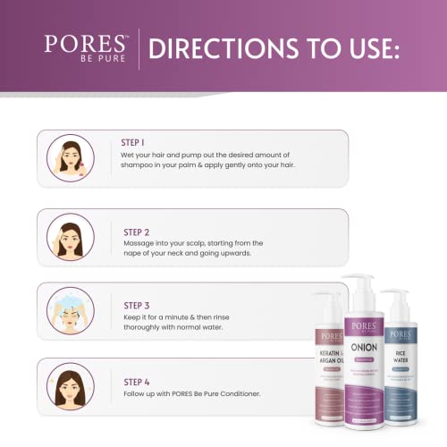 Image of PORES Be Pure Onion Shampoo with Redensyl | Cold Pressed Red Seed Onion Oil for Hair Fall Control, Dandruff & Hair Growth | Nourishing Shampoo for Dry, Damaged Hair | For Men & Women - (250 ml X 3)
