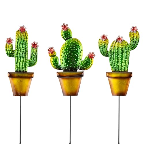 Qipade 3 Pack Metal Garden Stakes, 24' H Cactus Garden Stakes for Spring Decor, Metal Yard Art for Outdoor & Outside Lawn Patio Pathway Decoration