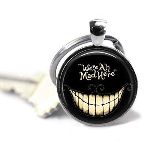 Alice in Wonderland Cheshire Cat Keychain We're All Mad Here 1 Inch Silver Plated Pendant Handmade Handmade Fan Gift Whimsical Charm