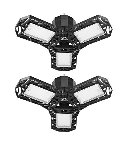 GEEKSDOM LED Garage Lights 2 Pack, Garage Lights Ceiling LED 60W, 3 Adjustable Panels, 6500K Garage LED Light Deformable Bay Lights LED Light for Garage E26/E27(2 Pack)