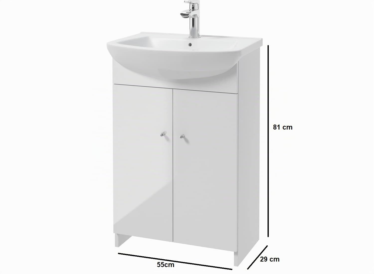 VBChome Badmöbel Set 55 cm Weiß Waschbecken mit Unterschrank Waschtisch Chromgriffe 2-Türen Waschbeckenunterschrank Badezimmerschrank Badschrank