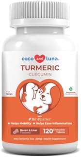 Turmeric for Dogs Anti Inflammatory Pain Relief - 120 Chewable Tablets - Curcumin and BioPerine, Antioxidant, Promotes Pet Mobility, Cardiovascular Health and Liver Health