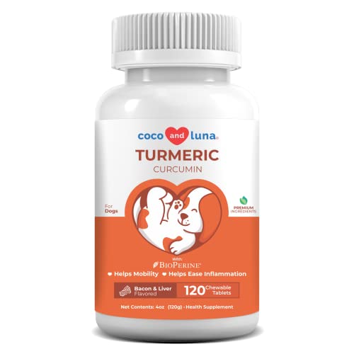 Turmeric for Dogs Anti Inflammatory Pain Relief - 120 Chewable Tablets Hip & Joint Support with Curcumin and BioPerine, Antioxidant, Cardiovascular Health