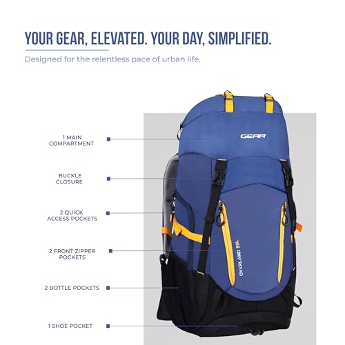 Image of Gear Overland 55L Extra Large Water Resistant Rucksack /Travel bag /For Men & Women(Blue - Yellow)