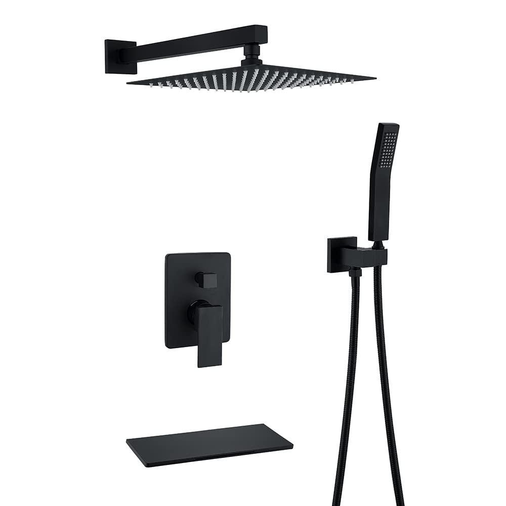 WOTZOV Shower System With Waterfall Spout, Black Rain Mixer Combo Set With Rainfall Head, Handheld