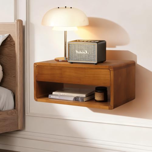 WDSHIYI Floating Nightstand Wall Mounted Bedside Shelf Handmade Bedroom Furniture,Pine Wood Floating Bedside Table, Minimalist and Unique Style 17.5”x 9.5”x 8” Brown