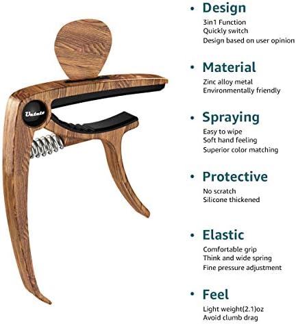 Guitar Capo for Acoustic Electric Guitars Mahagony Grain with Pin Puller, Pick Holder and Two Gray Plastic Guitar Picks with Three Thicknesswood pick not included