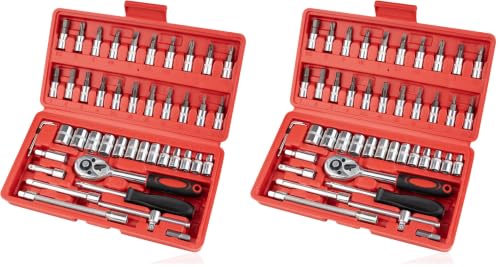 Image of Beaiguna 46PCS Small Drive Socket Ratchet Wrench Screwdriver Set, 1 /4 Inch Metric Socket and Ratchet Wrench Set with Extension Bar, Upgrade Compact Tool Set for Car (Pack of 2)