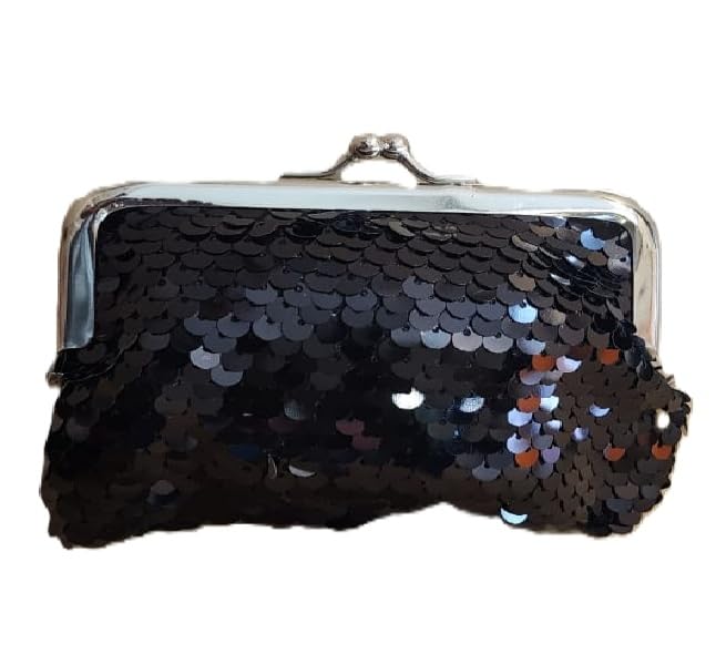 Mini Sequin Clutch Purse with Metal Frame Closure, Black Evening Handbag, Cute little Party clutch for Credit/Debit card and currency use only. NO space for a Smartphone-image-0
