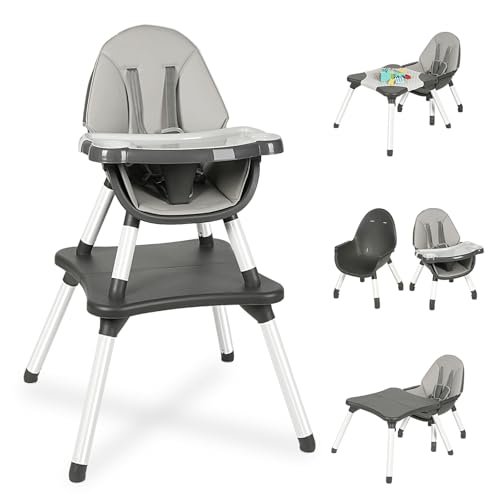 Image of XueMi 6 in 1 Baby High Chair, Convertible Highchair for Babies and Toddlers, Building Block Table Highchair with 5-Point Safety Harness/Removable Tray, Infant Feeding Table and Chair Set, Grey
