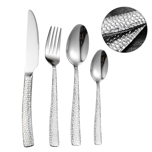 Lot de 24 couverts martelés en acier inoxydable avec couteau, fourchette, cuillère, couverts pour 6 personnes, couverts modernes en argent pour la maison/restaurant/fête – vue 6