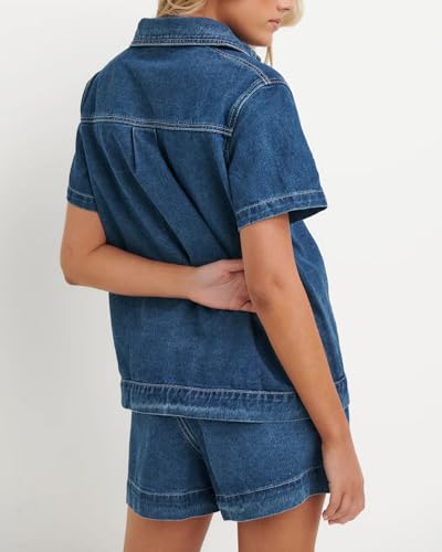 Kedera Summer Denim Set for Women 2 piece Casual Short Sleeve Boxy Shirt Tops and Shorts Pants Lounge Sets Outfits2